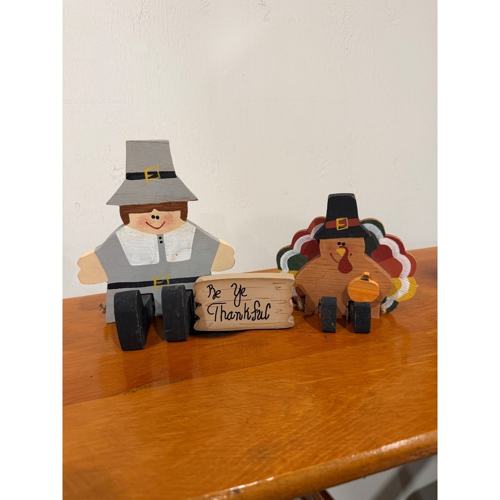 Vintage 1987 Hand Painted Wood Thanksgiving Pilgrim Turkey Shelf Sitter Set 3pc